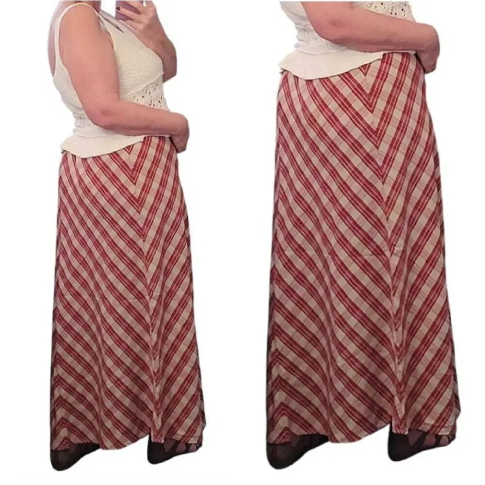 VTG 70s Red Tan Chevron Plaid Prairie Maxi Skirt SZ 10 Flax Blend High Waist